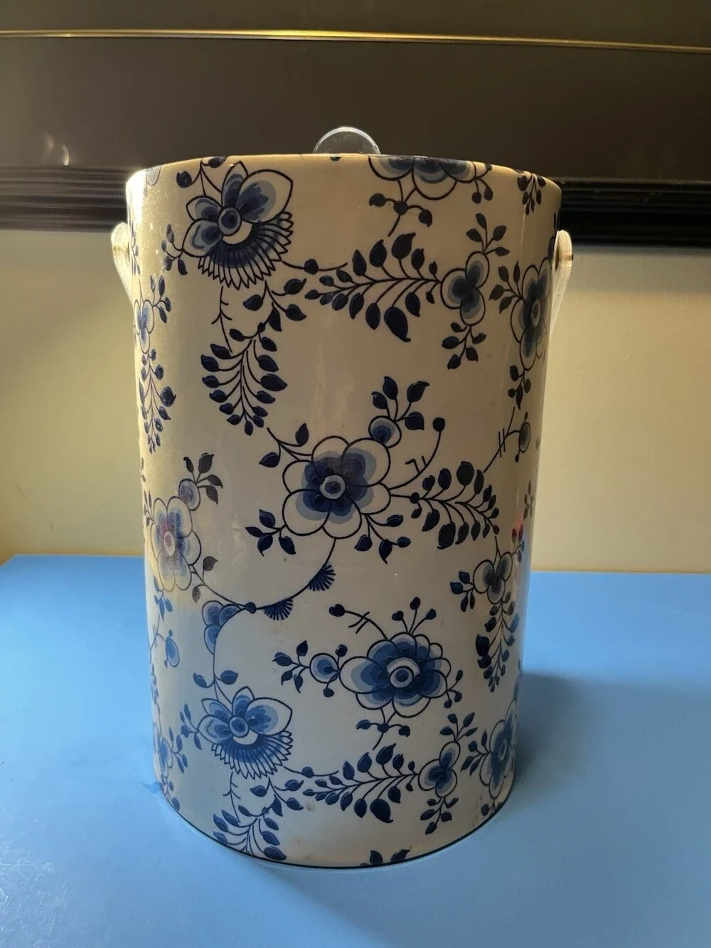 Vintage Tall White & Blue Floral Ice Bucket , Delft Blue